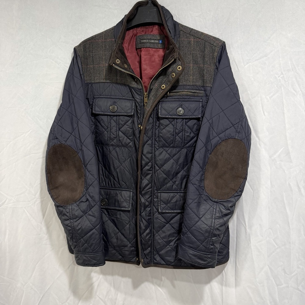 Vince Camuto Men's Quilted Barn Jacket Medium Navy Blue Elbow Patches See Detail